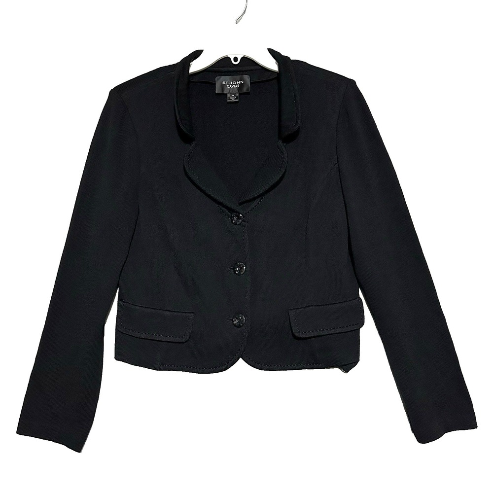 Y2K St John Caviar Knit Blazer Jacket Womens 14 Luxury Crystal Button SP10 GRP0